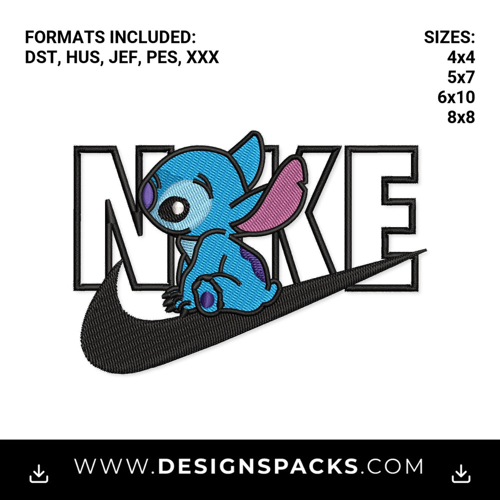 Cute Stitch Sitting On Nike Swoosh Logo Embroidery Design - Instant digital download pattern at Designspacks.com