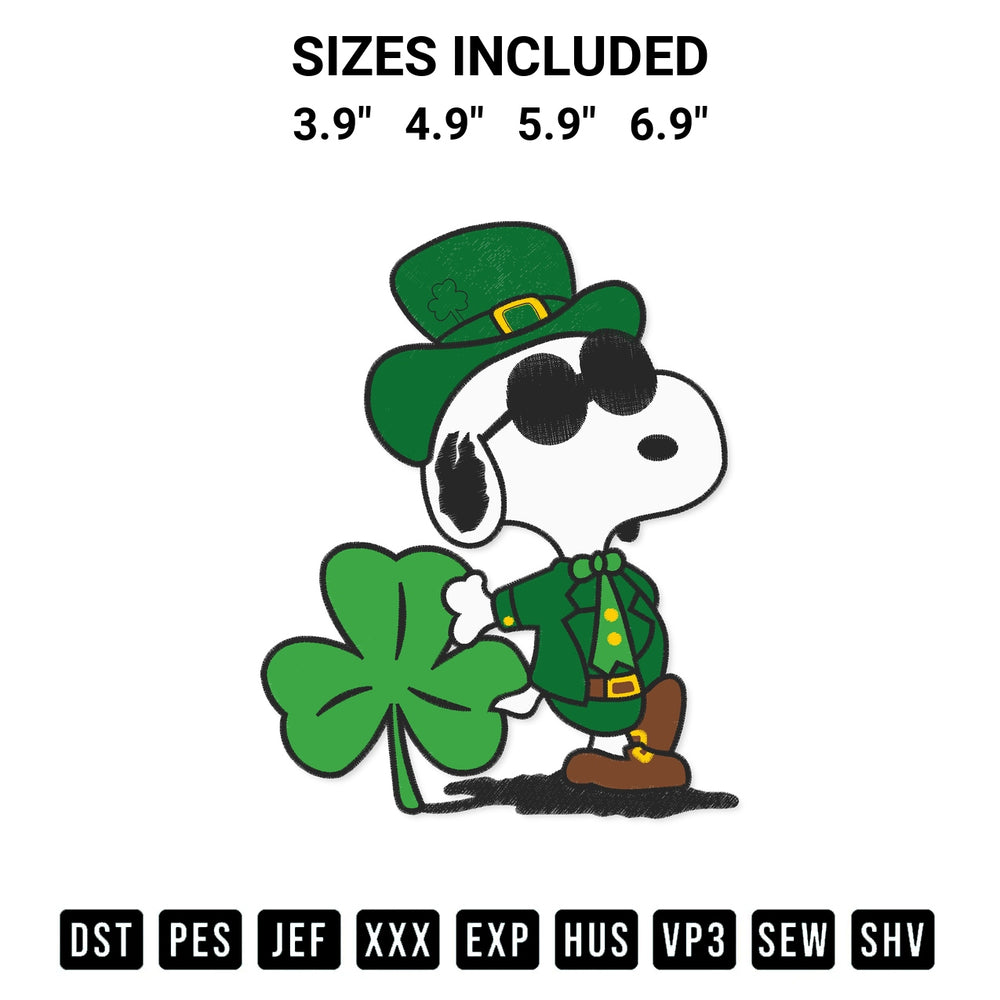 Discover the perfect addition to your crafting collection: Joe Cool St Patricks Day Embroidery Design embroidery file. Instantly available at Designspacks.com. Available sizes: 3.9", 4.9", 5.9", 6.9".
