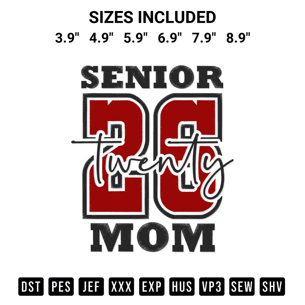 Get the Mom Senior 2026 Embroidery Design embroidery design for your custom crafts! Premium digitized files available for instant download at Designspacks.com. Available sizes: 3.9", 4.9", 5.9", 6.9", 7.9", 8.9".