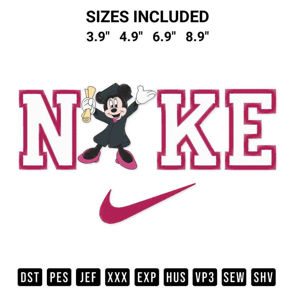 Discover the perfect addition to your crafting collection: Nike Minnie Graduation Embroidery Design embroidery file. Instantly available at Designspacks.com. Available sizes: 3.9", 4.9", 6.9", 8.9".