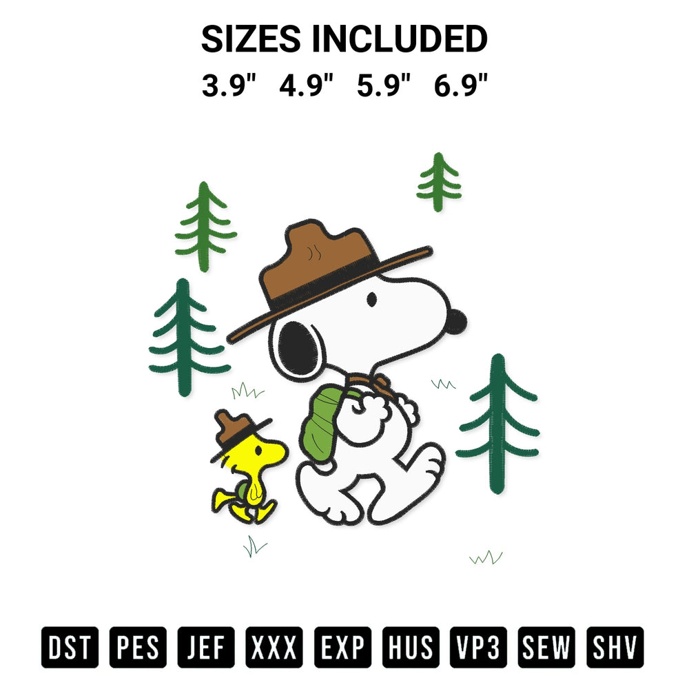 Shop the Snoopy And Woodstock Hiking Embroidery Design machine embroidery pattern at Designspacks.com. Beautifully digitized for flawless stitching on any fabric. Available sizes: 3.9", 4.9", 5.9", 6.9".