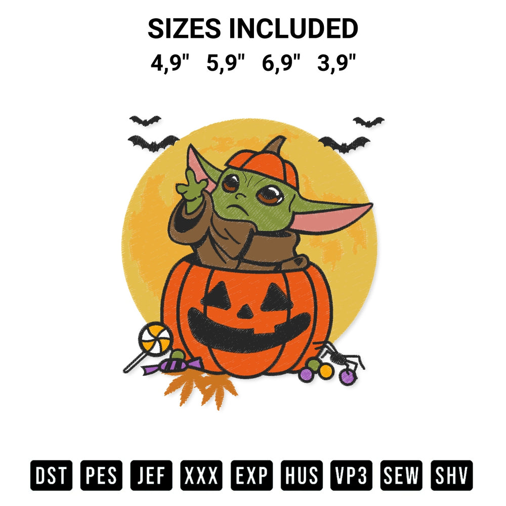 Get the Baby Yoda Jack O Lantern Pumpkin Moon Happy Halloween Logo Embroidery Design embroidery design for your custom crafts! Premium digitized files available for instant download at Designspacks.com. Available sizes: 4,9", 5,9", 6,9", 3,9".