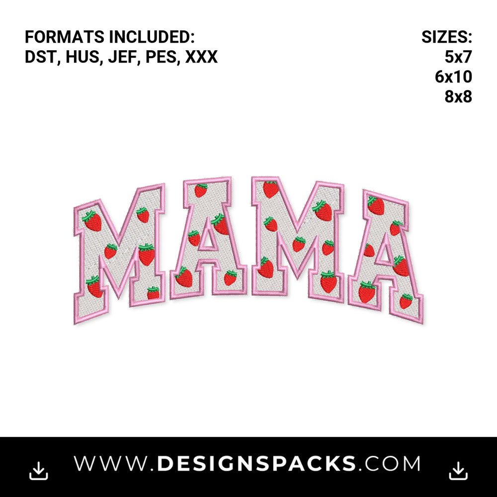 Strawberry Mama Varsity Letters Embroidery Design - Instant digital download pattern at Designspacks.com