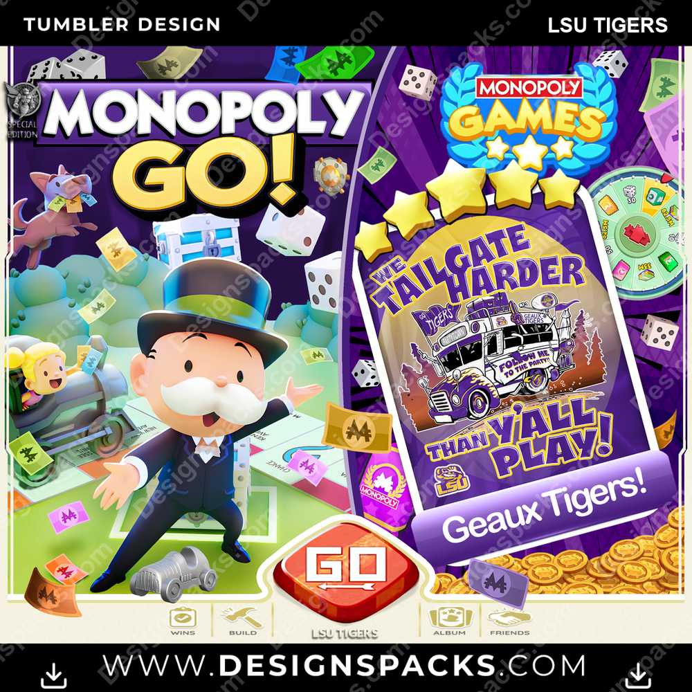 College Sport Monopoly Go! LSU Tigers NCAA College Sport Tumbler Digital Wrap Design Download