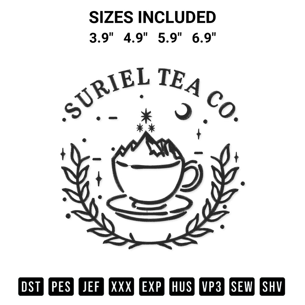 Stitch like a pro with the Suriel Tea Co Coffee Embroidery Design embroidery pattern from Designspacks.com. High-quality digital machine embroidery file. Available sizes: 3.9", 4.9", 5.9", 6.9".