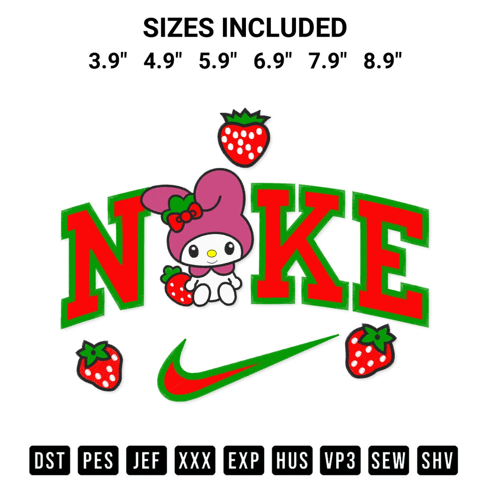 Shop the Melody Strawberries X Nike Embroidery Design machine embroidery pattern at Designspacks.com. Beautifully digitized for flawless stitching on any fabric. Available sizes: 3.9", 4.9", 5.9", 6.9", 7.9", 8.9".