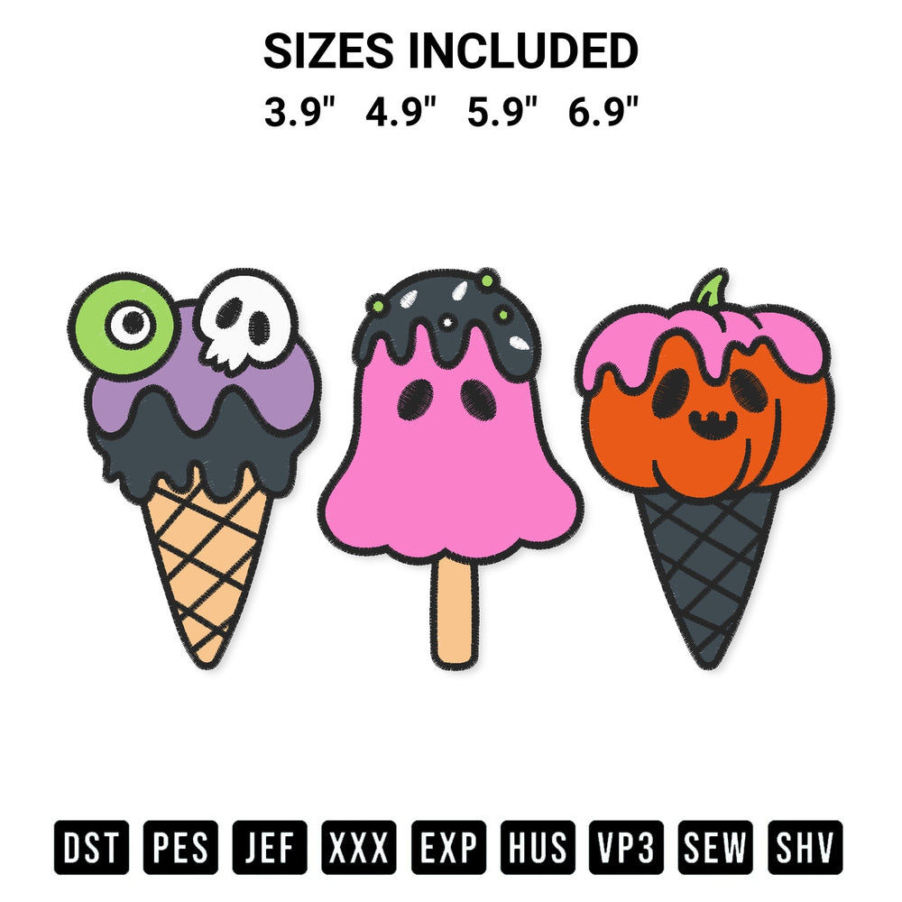 Stitch like a pro with the Spooky Ice Cream Embroidery Design embroidery pattern from Designspacks.com. High-quality digital machine embroidery file. Available sizes: 3.9", 4.9", 5.9", 6.9".
