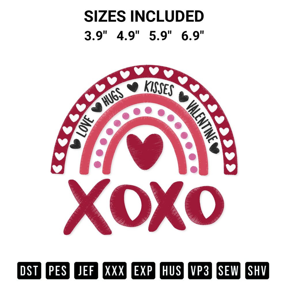 Elevate your next project with our Xoxo Valentine Rainbow Embroidery Design embroidery file. Shop high-quality digital patterns instantly at Designspacks.com. Available sizes: 3.9", 4.9", 5.9", 6.9".