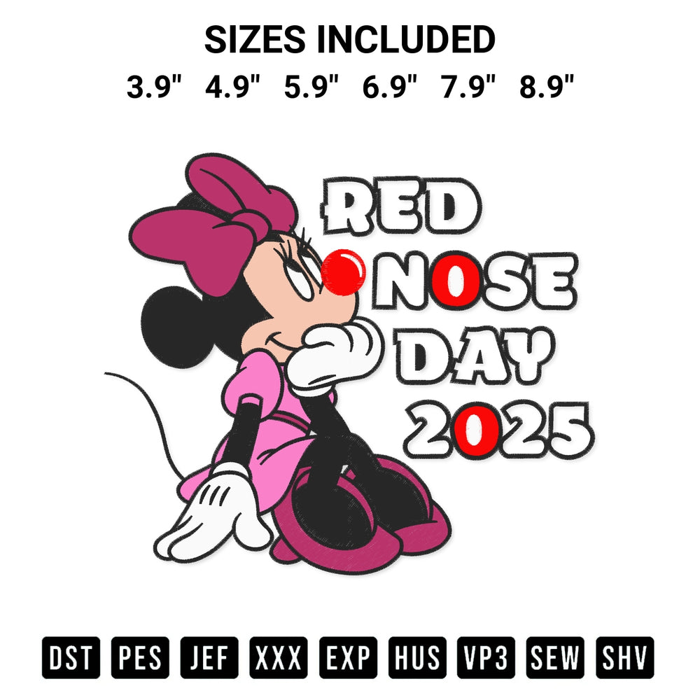 Stitch like a pro with the Minnie Mouse Red Nose Day 2025 Embroidery Design embroidery pattern from Designspacks.com. High-quality digital machine embroidery file. Available sizes: 3.9", 4.9", 5.9", 6.9", 7.9", 8.9".