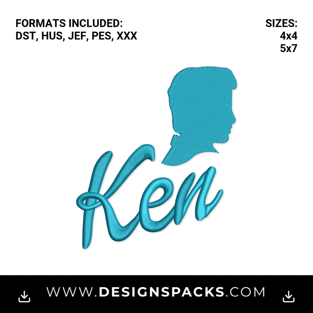Ken Doll Profile Silhouette and Name Embroidery Design - Instant digital download pattern at Designspacks.com