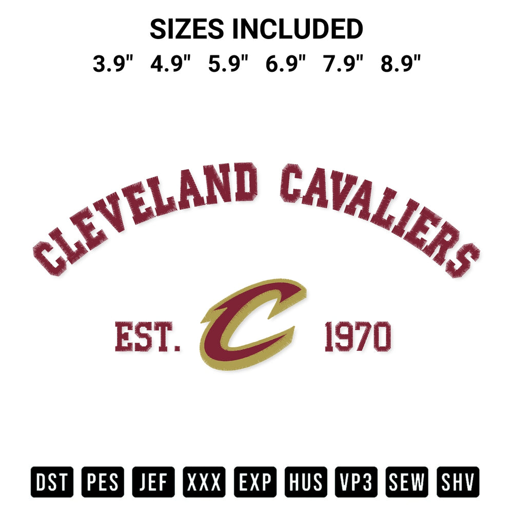 Stitch like a pro with the Cleveland Cavaliers Est 1970 Embroidery Design embroidery pattern from Designspacks.com. High-quality digital machine embroidery file. Available sizes: 3.9", 4.9", 5.9", 6.9", 7.9", 8.9".