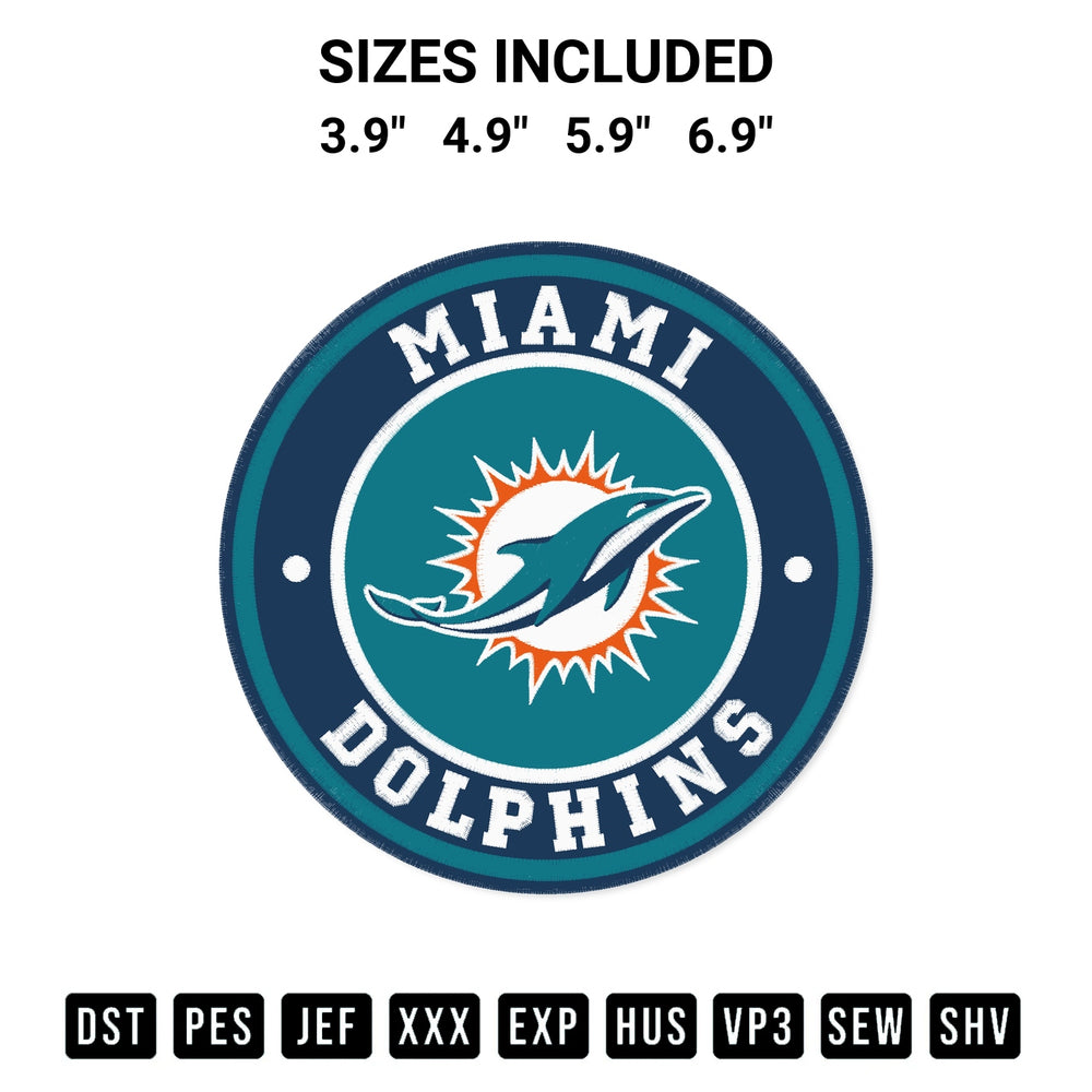 Discover the perfect addition to your crafting collection: Miami Dolphins Circle Logo Embroidery Design embroidery file. Instantly available at Designspacks.com. Available sizes: 3.9", 4.9", 5.9", 6.9".