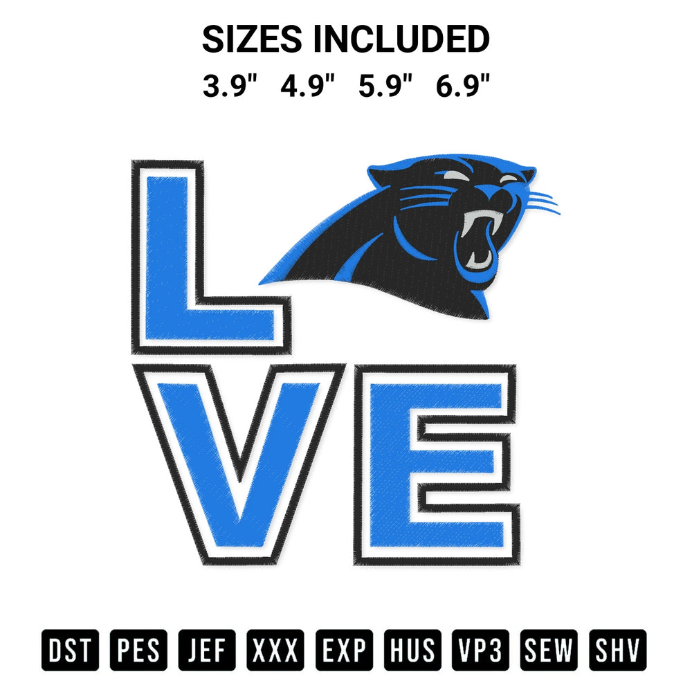 Stitch like a pro with the Love Carolina Panthers Embroidery Design embroidery pattern from Designspacks.com. High-quality digital machine embroidery file. Available sizes: 3.9", 4.9", 5.9", 6.9".