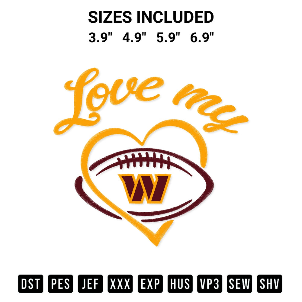 Elevate your next project with our Love My Washington Commanders Embroidery Design embroidery file. Shop high-quality digital patterns instantly at Designspacks.com. Available sizes: 3.9", 4.9", 5.9", 6.9".