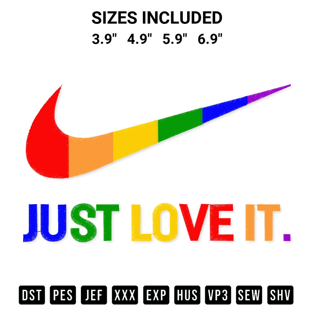 Shop the Lgbt Just Love It Embroidery Design machine embroidery pattern at Designspacks.com. Beautifully digitized for flawless stitching on any fabric. Available sizes: 3.9", 4.9", 5.9", 6.9".