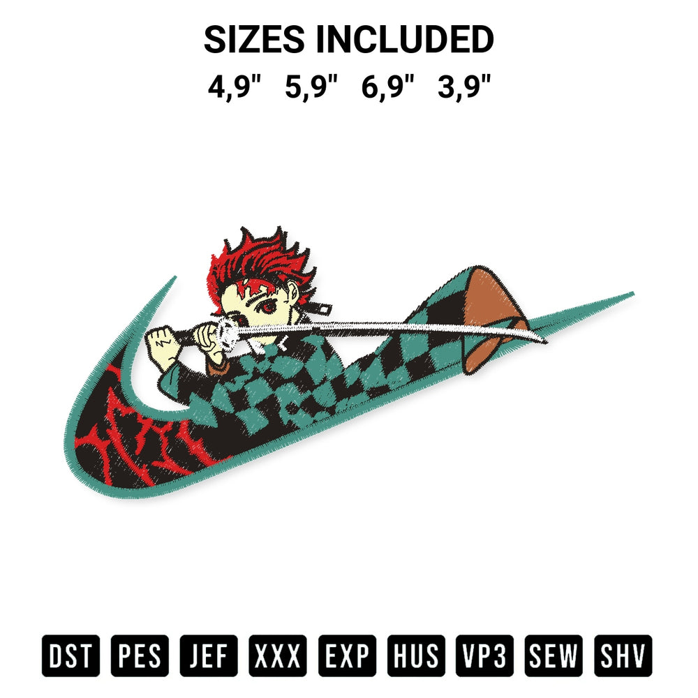 Shop the Kamado Tanjiro Nike Logo Embroidery Design machine embroidery pattern at Designspacks.com. Beautifully digitized for flawless stitching on any fabric. Available sizes: 4,9", 5,9", 6,9", 3,9".