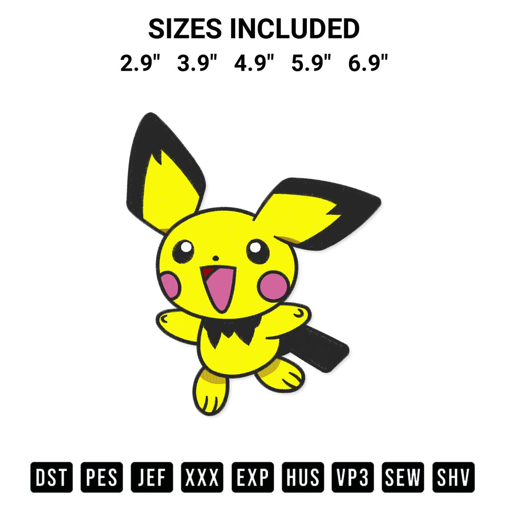 Add a unique touch to your apparel with the Pichu Pokemon Embroidery Design embroidery file. Premium instant download available now on Designspacks.com. Available sizes: 2.9", 3.9", 4.9", 5.9", 6.9".