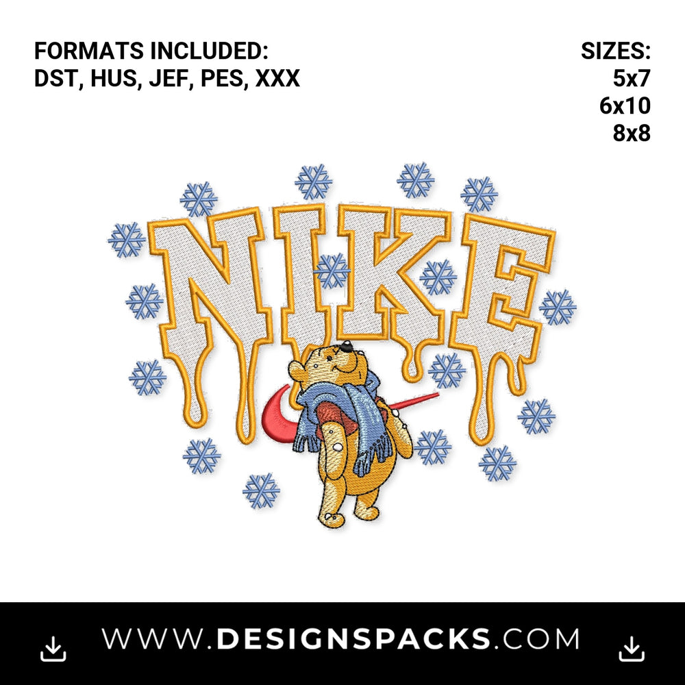 Winter Winnie the Pooh Dripping Nike Embroidery Design - Instant digital download pattern at Designspacks.com