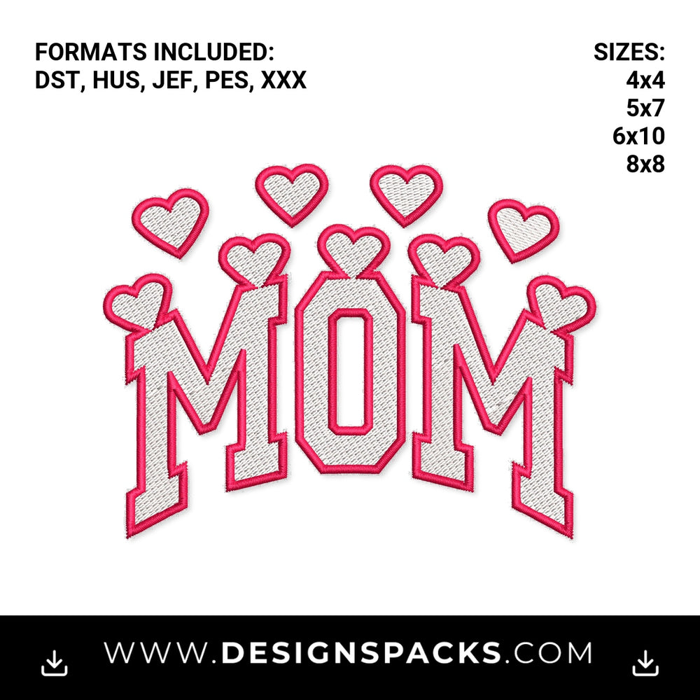Pink Varsity Mom with Hearts Embroidery Design - Instant digital download pattern at Designspacks.com