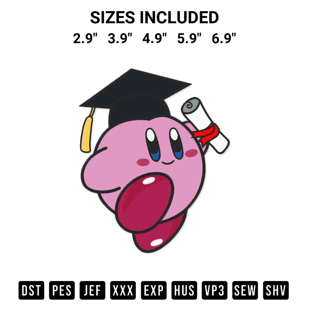 Discover the perfect addition to your crafting collection: Kirby Graduation Embroidery Design embroidery file. Instantly available at Designspacks.com. Available sizes: 2.9", 3.9", 4.9", 5.9", 6.9".