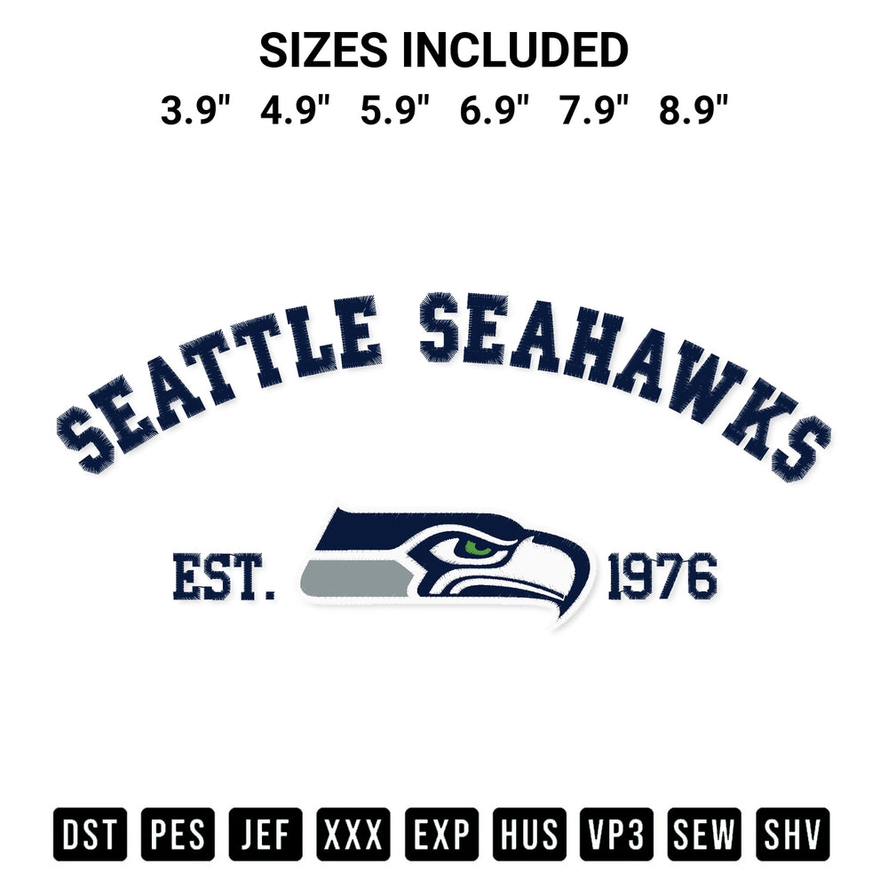 Looking for the perfect pattern? Download the Seattle Seahawks Est 1976 Embroidery Design embroidery design today at Designspacks.com. Crisp, clean stitching guaranteed. Available sizes: 3.9", 4.9", 5.9", 6.9", 7.9", 8.9".