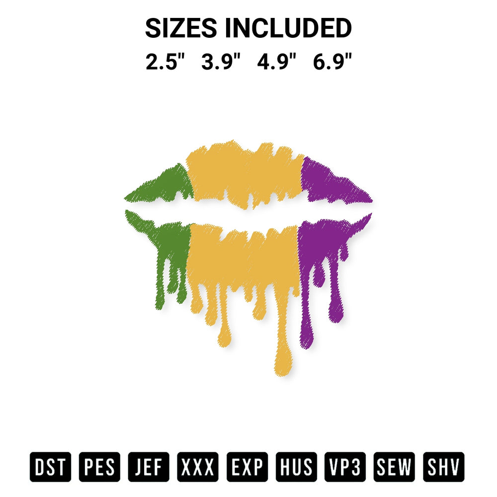 Discover the perfect addition to your crafting collection: Mardi Gras Dripping Lips Embroidery Design embroidery file. Instantly available at Designspacks.com. Available sizes: 2.5", 3.9", 4.9", 6.9".