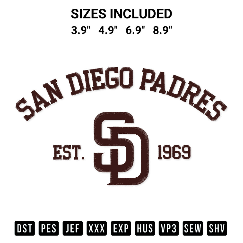 Stitch like a pro with the San Diego Padres Est 1969 Embroidery Design embroidery pattern from Designspacks.com. High-quality digital machine embroidery file. Available sizes: 3.9", 4.9", 6.9", 8.9".
