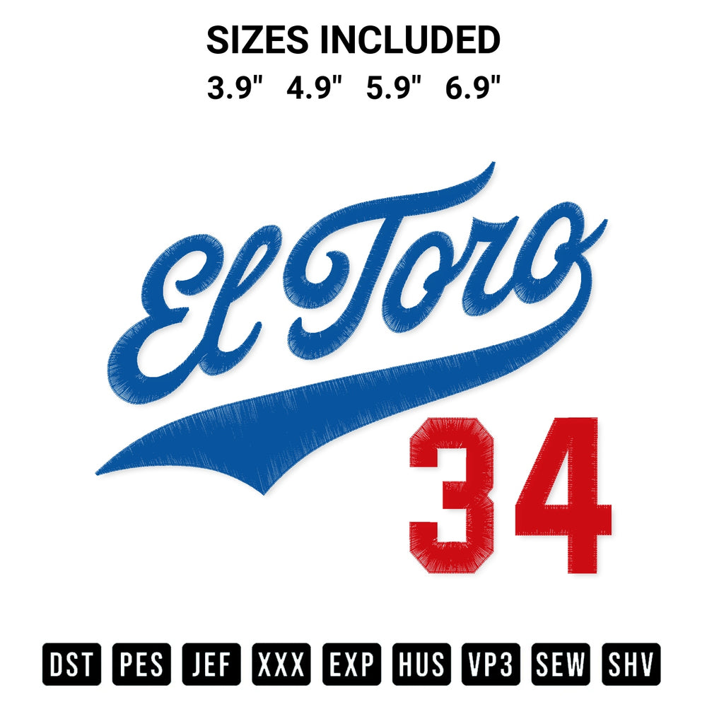 Transform your fabrics with the El Toro Fernando Valenzuela 34 Embroidery Design embroidery design. Instant access to premium digitized patterns at Designspacks.com. Available sizes: 3.9", 4.9", 5.9", 6.9".