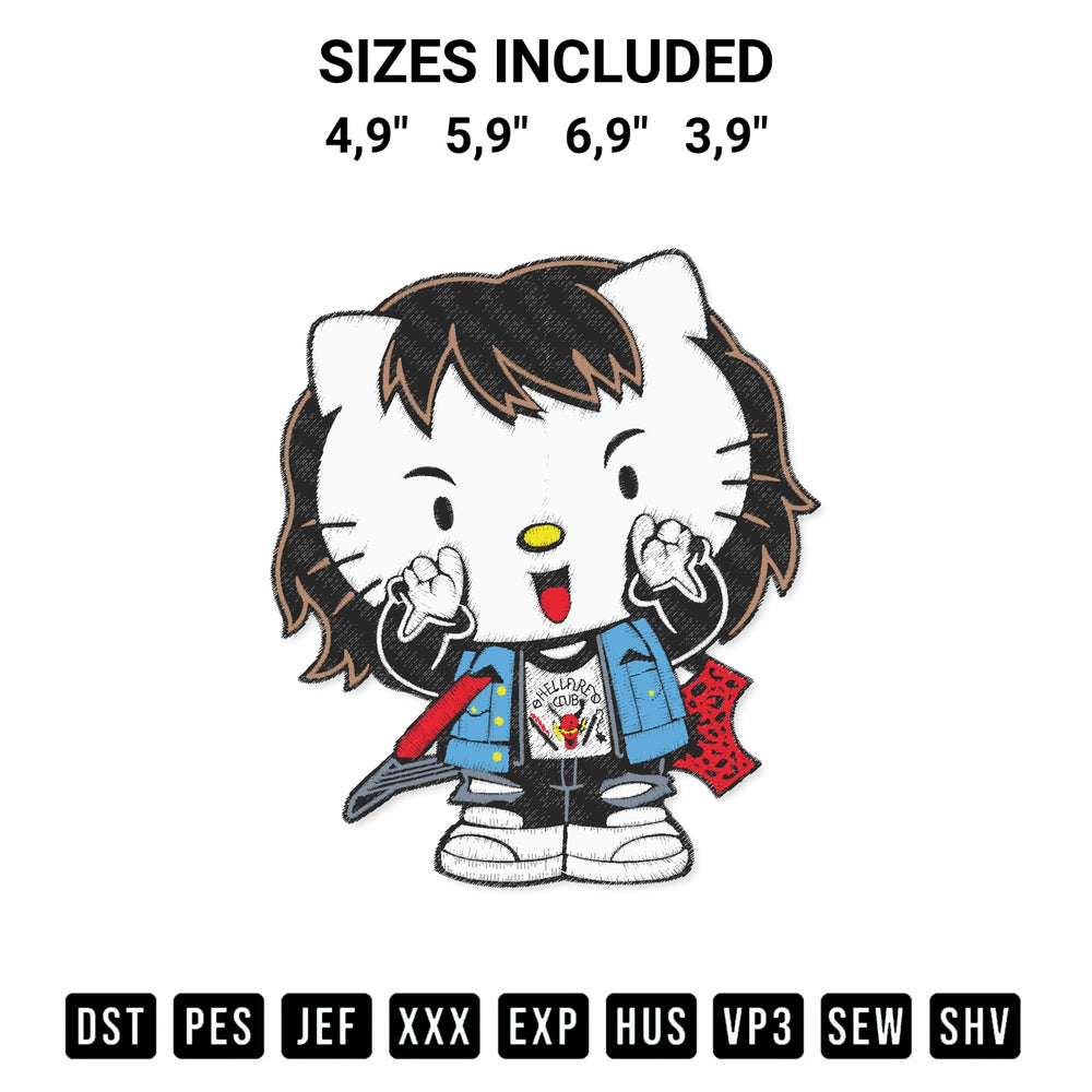 Download the Hellfire Kitty Eddie Munson X Hello Kitty Hellfire Club Stranger Things Logo Embroidery Design machine embroidery design exclusively at Designspacks.com. Premium digitized pattern for apparel and DIY crafts. Available sizes: 4,9", 5,9", 6,9", 3,9".