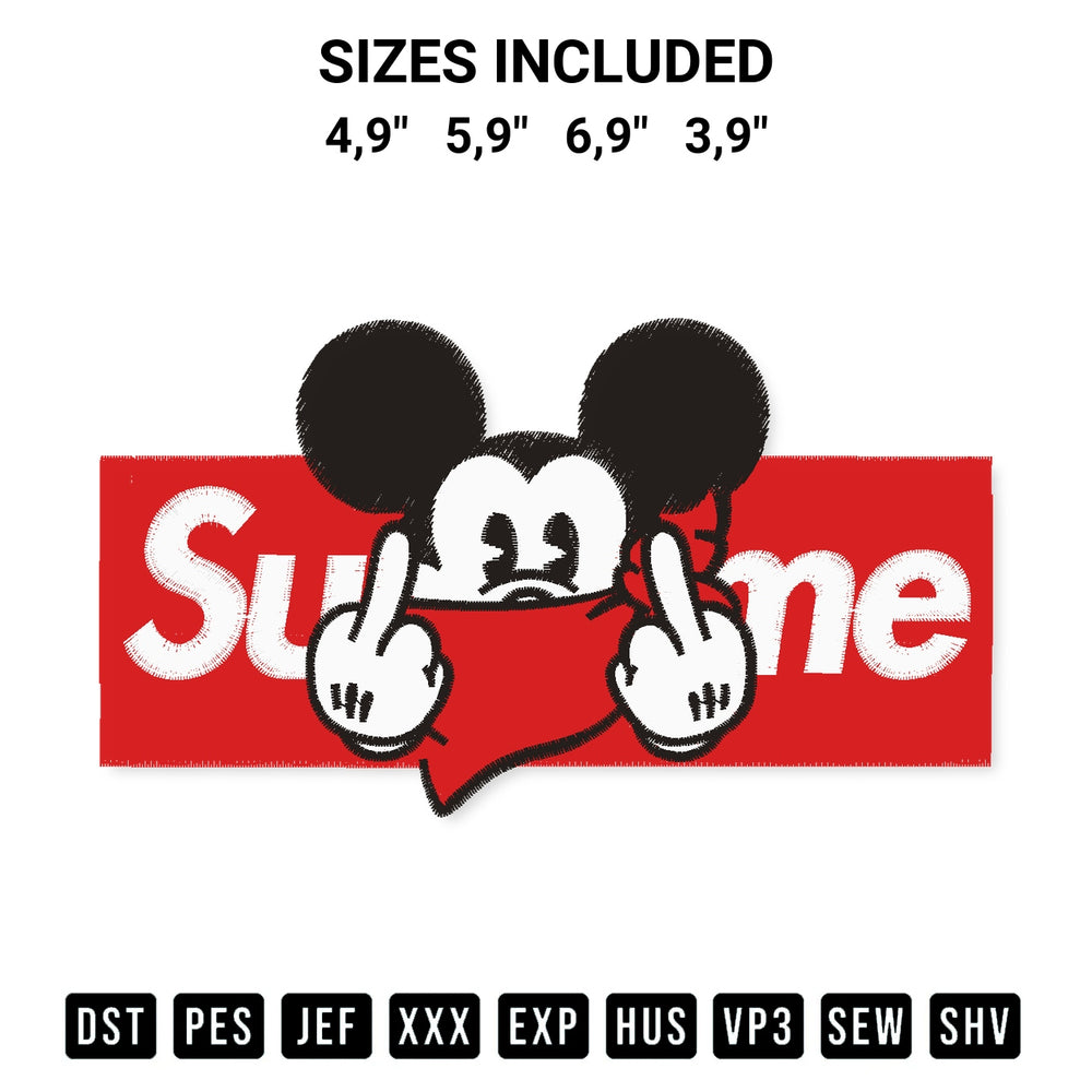 Download the Mickey Mouse Supreme Logo Embroidery Design machine embroidery design exclusively at Designspacks.com. Premium digitized pattern for apparel and DIY crafts. Available sizes: 4,9", 5,9", 6,9", 3,9".