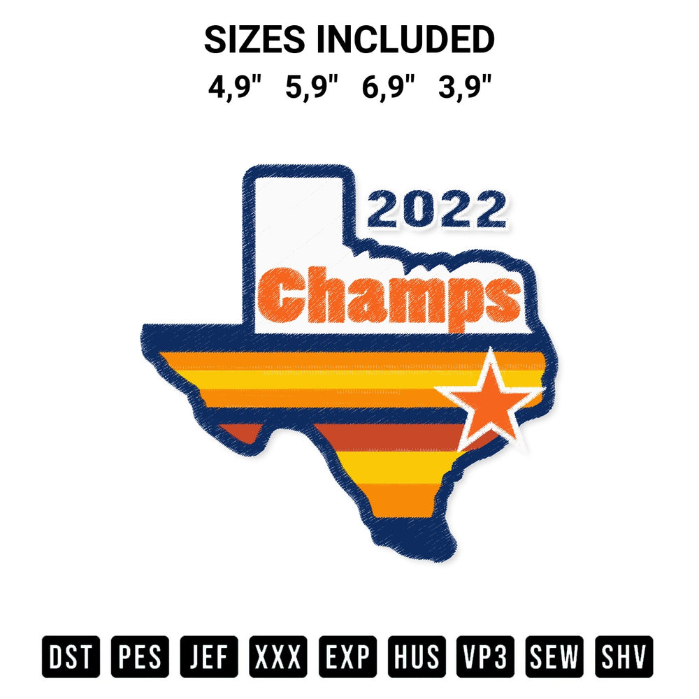 Stitch like a pro with the Houston Astros World Series Champions 2022 Texas Map Logo Embroidery Design embroidery pattern from Designspacks.com. High-quality digital machine embroidery file. Available sizes: 4,9", 5,9", 6,9", 3,9".