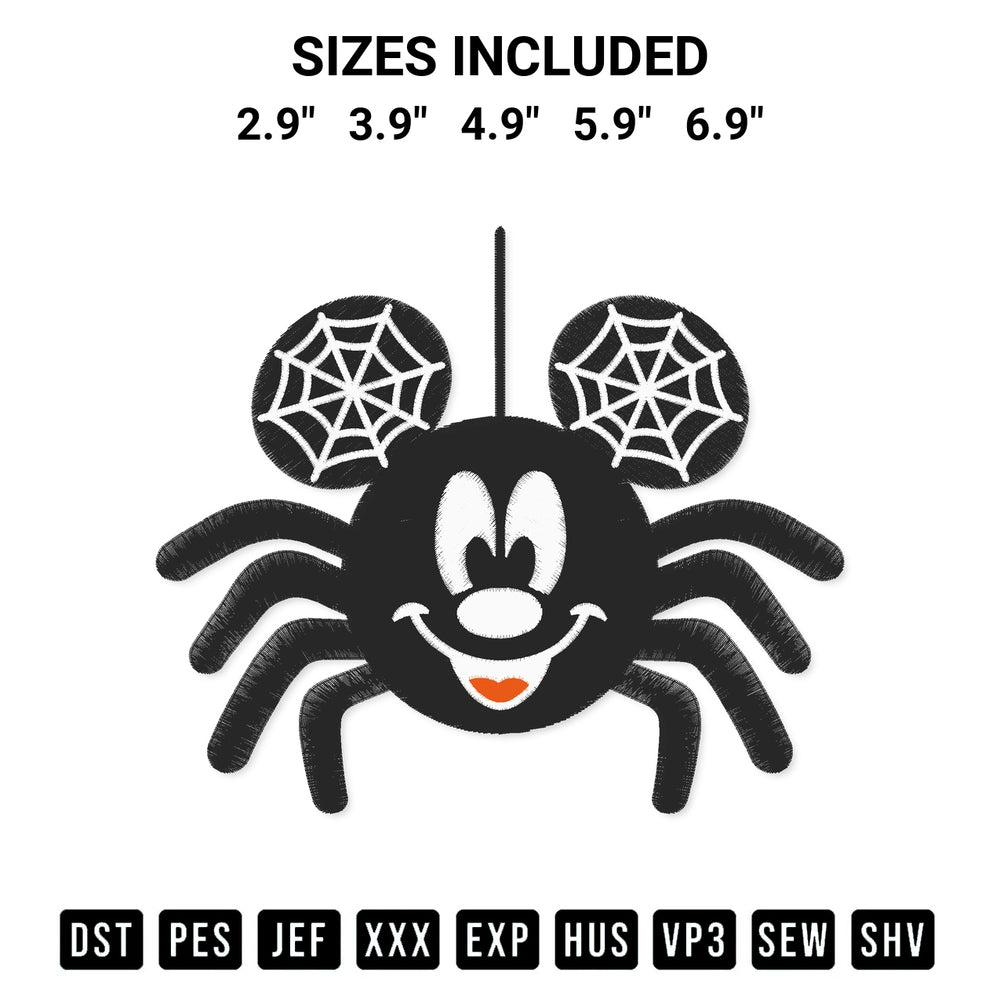 Shop the Mickey Mouse Spider Embroidery Design machine embroidery pattern at Designspacks.com. Beautifully digitized for flawless stitching on any fabric. Available sizes: 2.9", 3.9", 4.9", 5.9", 6.9".