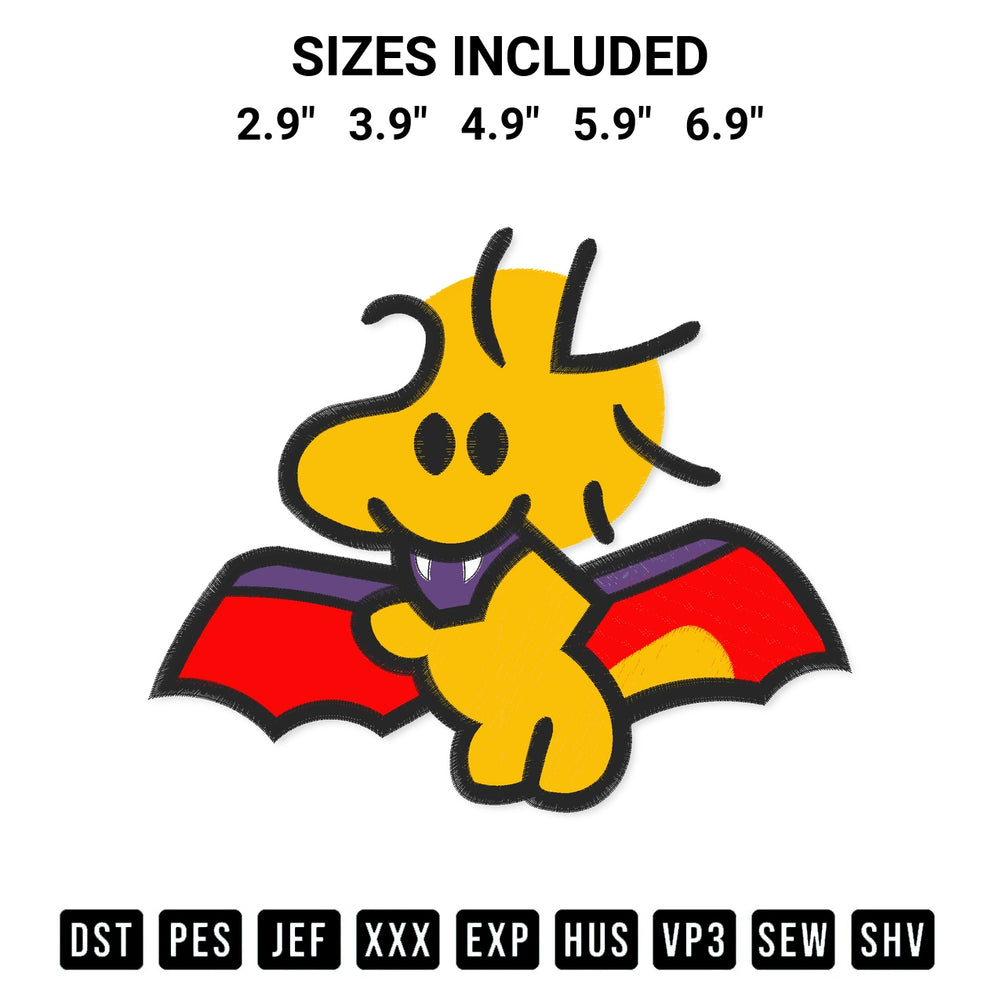 Create amazing crafts with the Woodstock Vampire Embroidery Design embroidery file. High-quality digital download from Designspacks.com, perfect for beginners and pros. Available sizes: 2.9", 3.9", 4.9", 5.9", 6.9".
