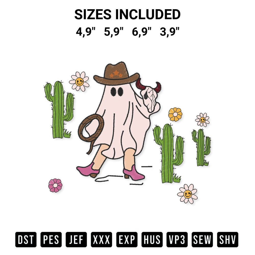 Shop the Howdy Ghouls Cowboy Ghost Halloween Western Halloween Logo Embroidery Design machine embroidery pattern at Designspacks.com. Beautifully digitized for flawless stitching on any fabric. Available sizes: 4,9", 5,9", 6,9", 3,9".
