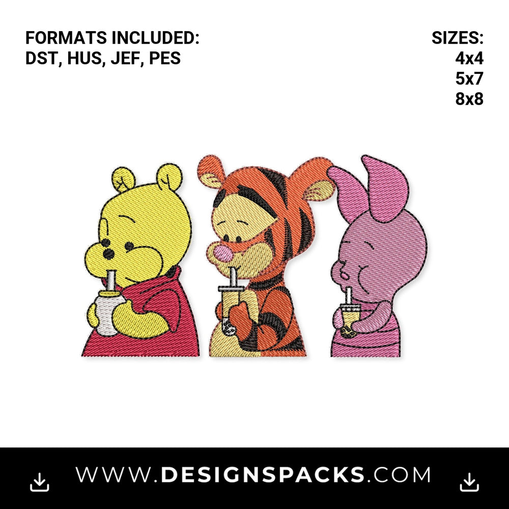 Pooh Tigger & Piglet Drinking Boba Tea Embroidery Design - Instant digital download pattern at Designspacks.com