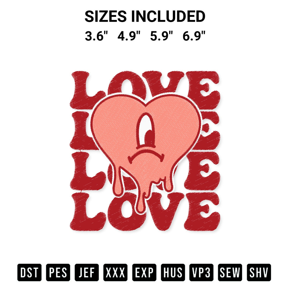 Create amazing crafts with the Love Sad Heart Retro Valentines Bad Bunny Valentines Day Embroidery Design embroidery file. High-quality digital download from Designspacks.com, perfect for beginners and pros. Available sizes: 3.6", 4.9", 5.9", 6.9".