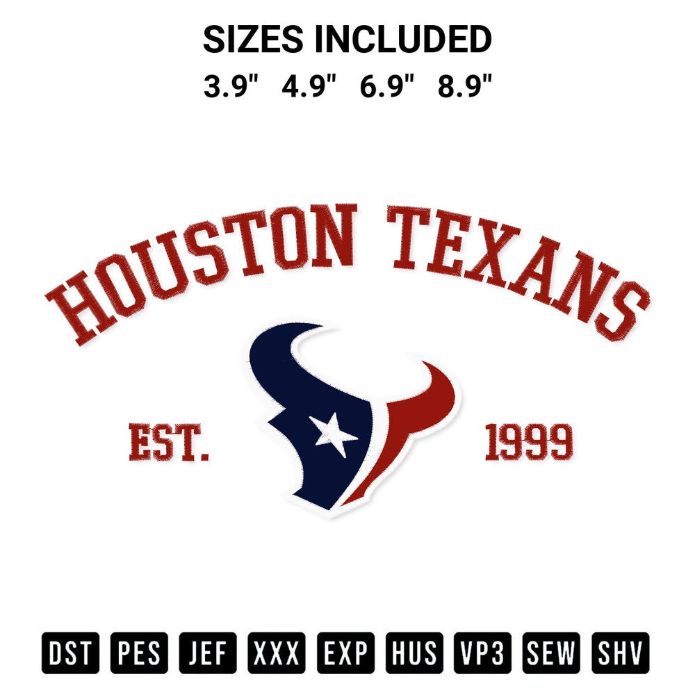 Add a unique touch to your apparel with the Nfl Houston Texans Est 1999 Embroidery Design embroidery file. Premium instant download available now on Designspacks.com. Available sizes: 3.9", 4.9", 6.9", 8.9".