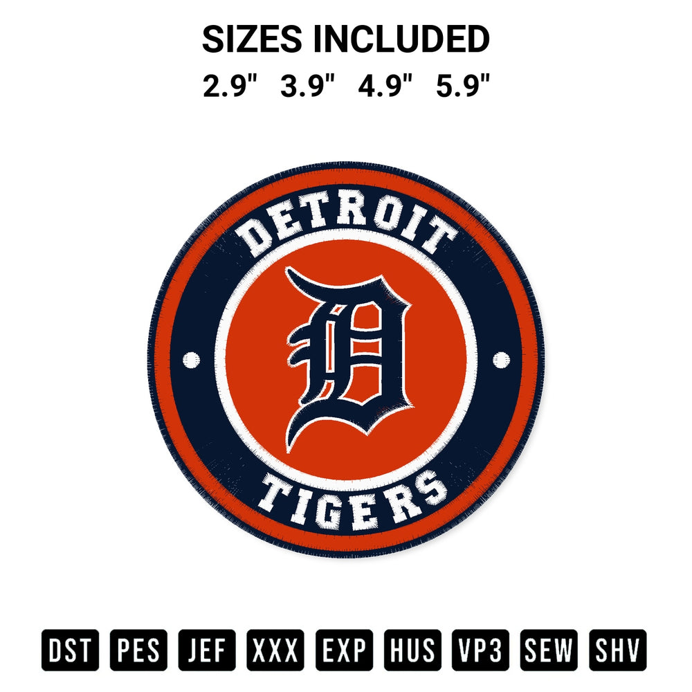 Elevate your next project with our Detroit Tigers Circle Logo Embroidery Design embroidery file. Shop high-quality digital patterns instantly at Designspacks.com. Available sizes: 2.9", 3.9", 4.9", 5.9".