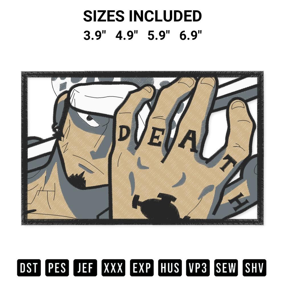 Download the Trafalgar D. Water Law One Piece Embroidery Design machine embroidery design exclusively at Designspacks.com. Premium digitized pattern for apparel and DIY crafts. Available sizes: 3.9", 4.9", 5.9", 6.9".