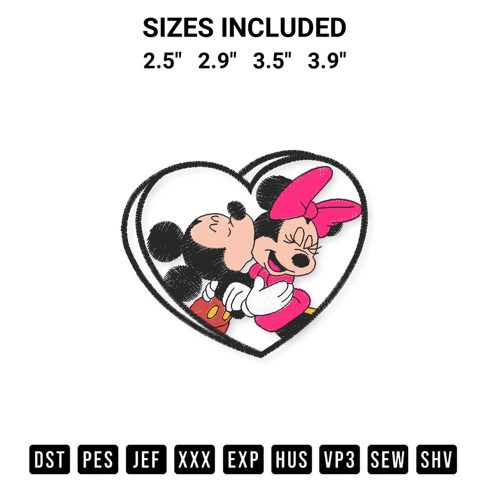 Add a unique touch to your apparel with the Mickey And Minnie Heart Love Embroidery Design embroidery file. Premium instant download available now on Designspacks.com. Available sizes: 2.5", 2.9", 3.5", 3.9".