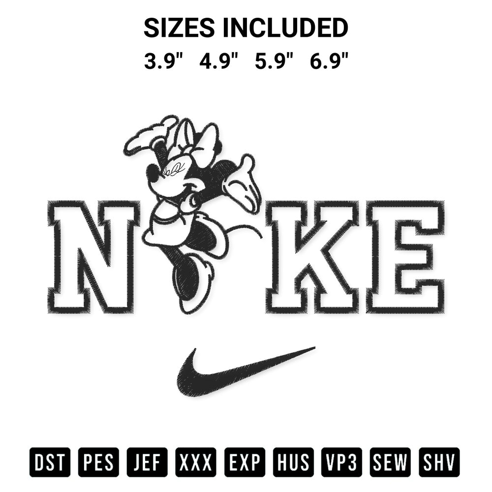 Elevate your next project with our Nike Disney Minnie Mouse Funny Embroidery Design embroidery file. Shop high-quality digital patterns instantly at Designspacks.com. Available sizes: 3.9", 4.9", 5.9", 6.9".