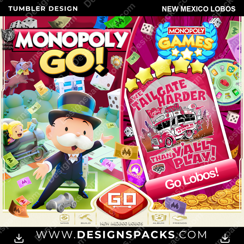 College Sport Monopoly Go! New Mexico Lobos NCAA College Sport Tumbler Digital Wrap Design Download