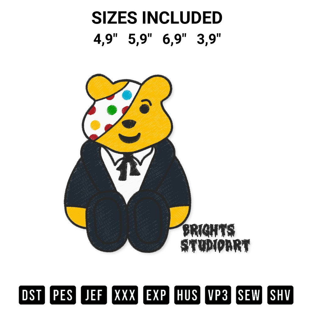 Discover the perfect addition to your crafting collection: Pudsey Bear Children In Need 8 Logo Embroidery Design embroidery file. Instantly available at Designspacks.com. Available sizes: 4,9", 5,9", 6,9", 3,9".