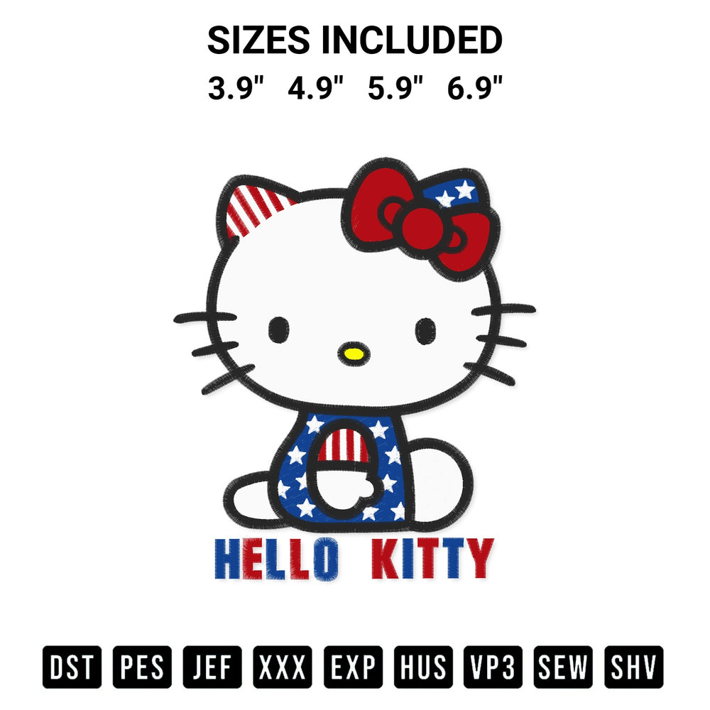 Discover the perfect addition to your crafting collection: Patriotic Hello Kitty 4Th Of July Embroidery Design embroidery file. Instantly available at Designspacks.com. Available sizes: 3.9", 4.9", 5.9", 6.9".