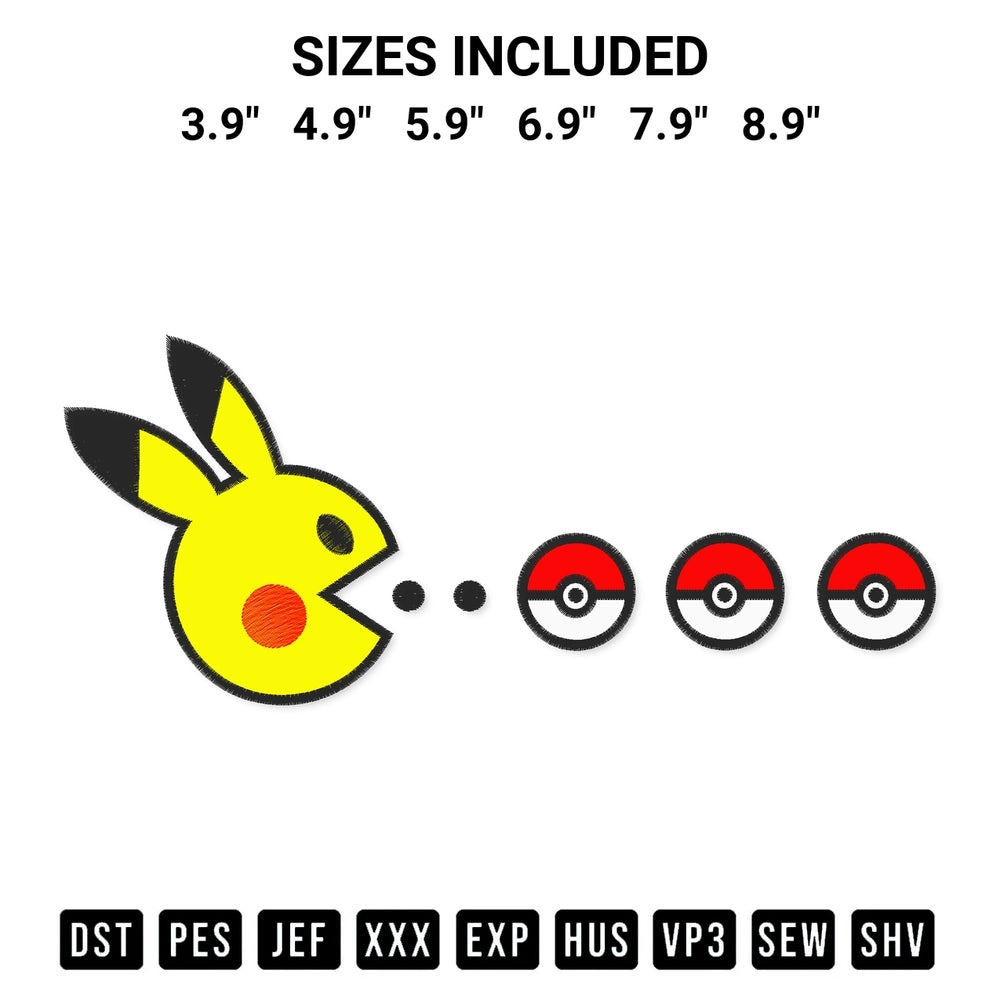 Discover the perfect addition to your crafting collection: Pikachu Pacman Embroidery Design embroidery file. Instantly available at Designspacks.com. Available sizes: 3.9", 4.9", 5.9", 6.9", 7.9", 8.9".