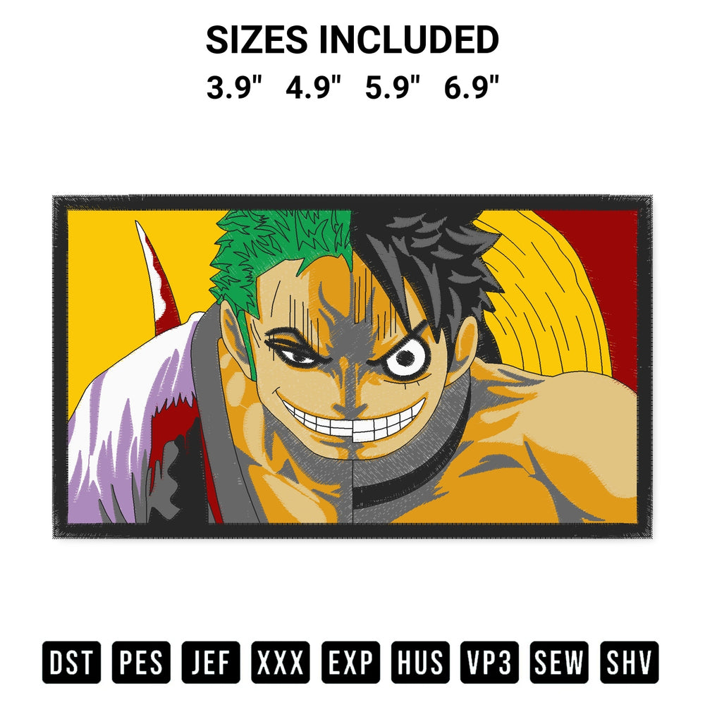 Add a unique touch to your apparel with the Zoro Luffy One Piece Embroidery Design embroidery file. Premium instant download available now on Designspacks.com. Available sizes: 3.9", 4.9", 5.9", 6.9".