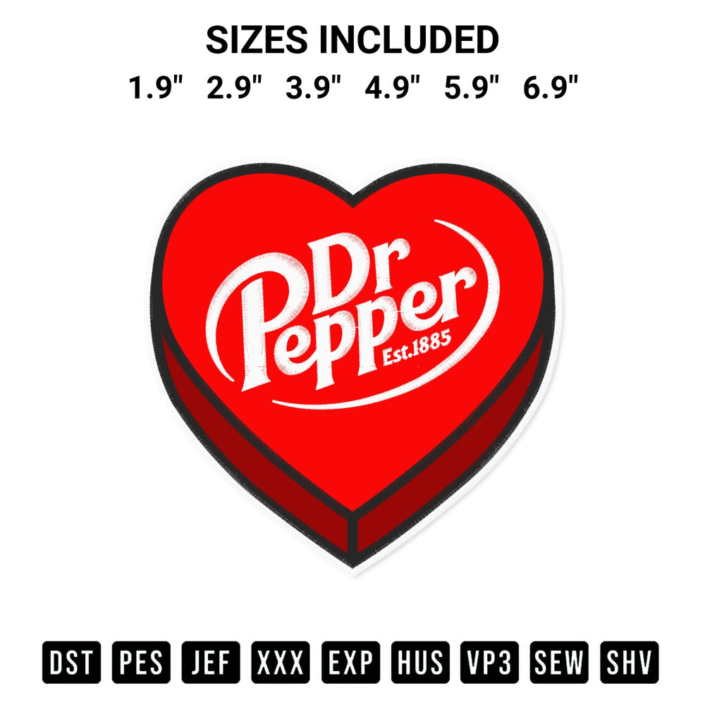 Download the Dr Pepper Candy Heart Embroidery Design machine embroidery design exclusively at Designspacks.com. Premium digitized pattern for apparel and DIY crafts. Available sizes: 1.9", 2.9", 3.9", 4.9", 5.9", 6.9".