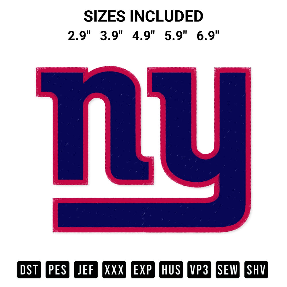 Add a unique touch to your apparel with the New York Giants Logo Embroidery Design embroidery file. Premium instant download available now on Designspacks.com. Available sizes: 2.9", 3.9", 4.9", 5.9", 6.9".