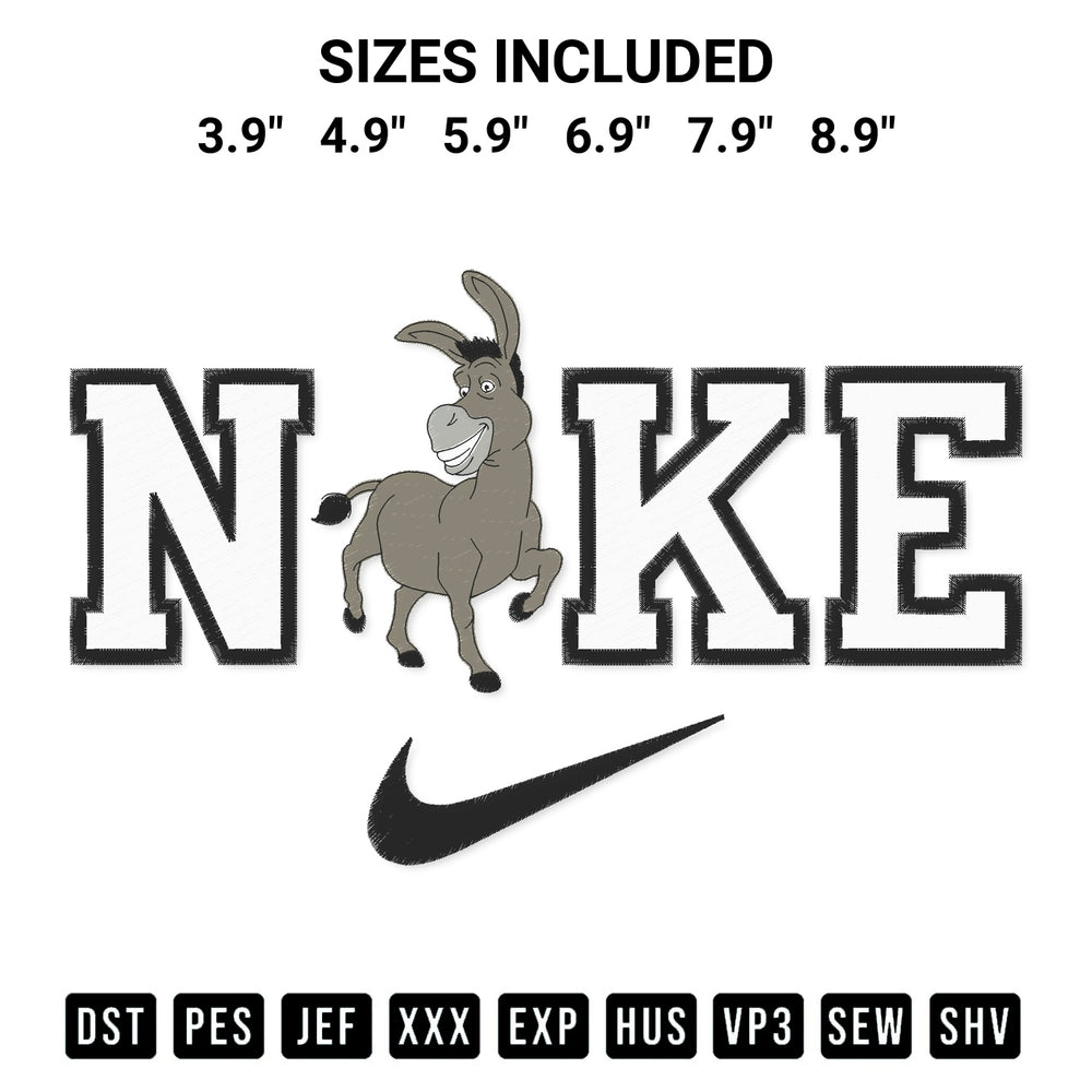 Create amazing crafts with the Nike Donkey Shrek Embroidery Design embroidery file. High-quality digital download from Designspacks.com, perfect for beginners and pros. Available sizes: 3.9", 4.9", 5.9", 6.9", 7.9", 8.9".