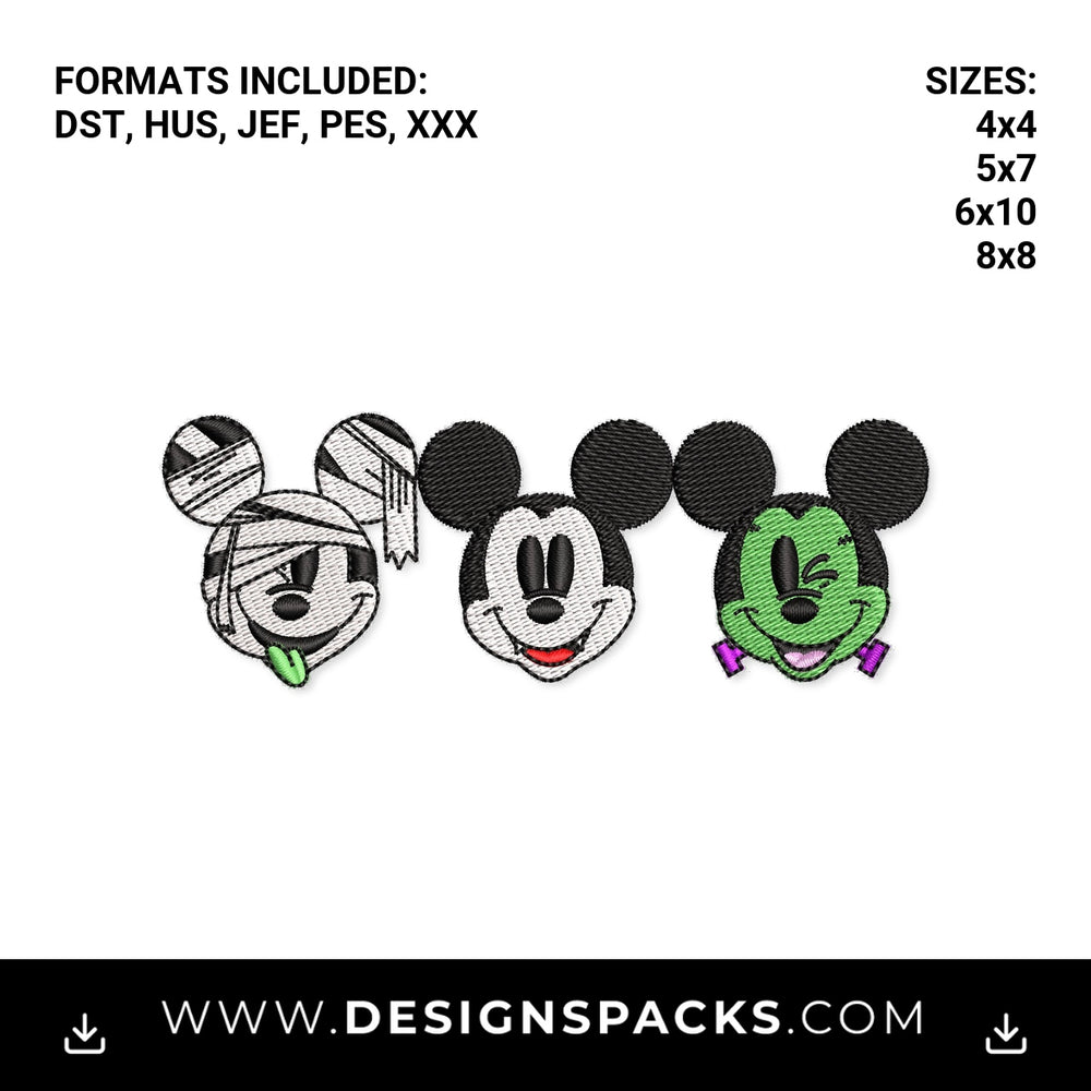 Spooky Halloween Mouse Monster Trio Embroidery Design - Instant digital download pattern at Designspacks.com